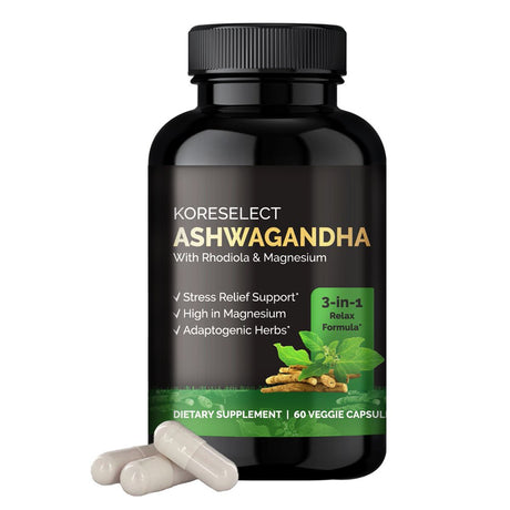 KORESELECT Ashwagandha Capsules with Magnesium & Rhodiola Rosea - 5% Withanolides, Natural Mood Relief, Adaptogens Supplement, Boost Energy & Focus - Vegan 60 Caps