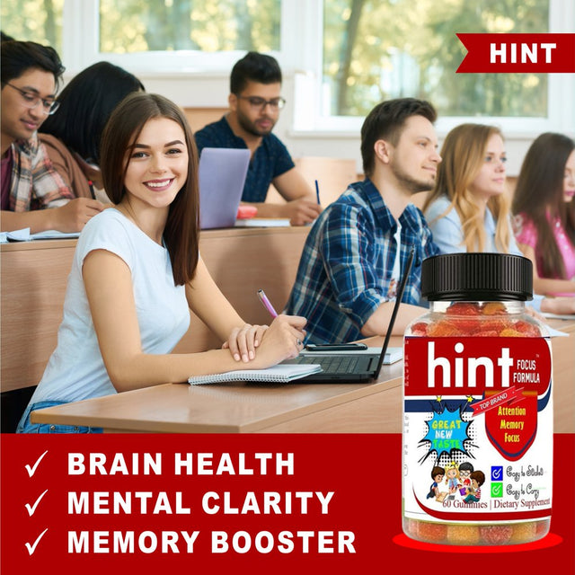 HINT Kids Brain Focus Gummies for Attention & Memory for Teens, Natural Vitamins with Omega DHA- 60 Ct