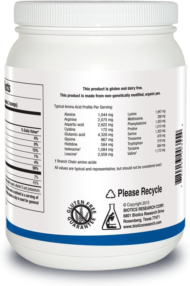 BIOTICS Research Pea Protein Isolate 100Percent Organic North American Peas. Dairy Free. Vegan Friendly. Plant-Based Protein Source. Powdered Formula, Mixes Easily with Water or Juice. 22 Ounces