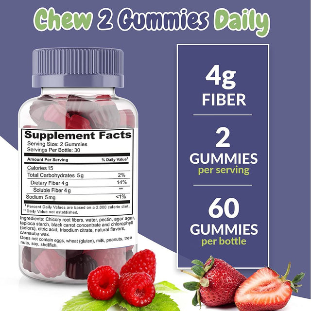 Health Supplied Fiber Prebiotic Gummies Sugar Free Keto Diet | Gut Cleansing, Digestive Support, Constipation Relief | Natural Berry Flavor