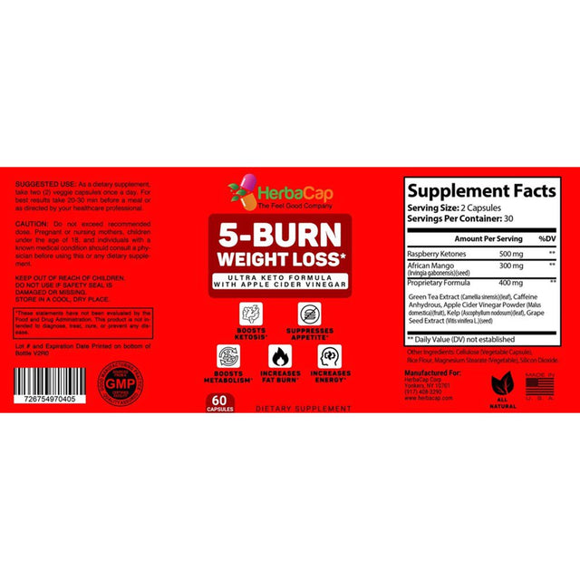 5-BURN Weight Loss Supplement with Unique Keto Formula, Burn Fat with Apple Cider Vinegar Capsules, Raspberry Ketones, Natural ACV Supplement for Appetite Control