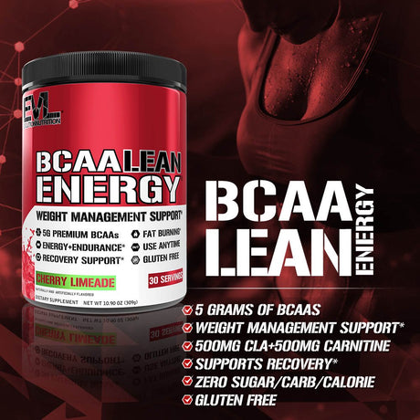 BCAA Lean Energy - Evlution Nutrition BCAA Powder 30 Servings Cherry Limeade Flavor - EVL Natural BCAA Amino Acid Pre Workout Fat Burner Supplement - Performance & Muscle Recovery