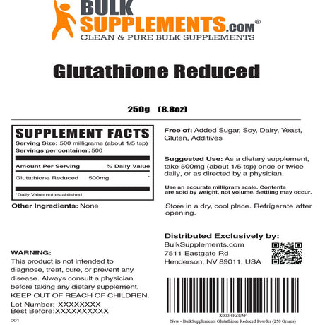 Bulksupplements.Com Glutathione Powder (250G - 500 Servings)