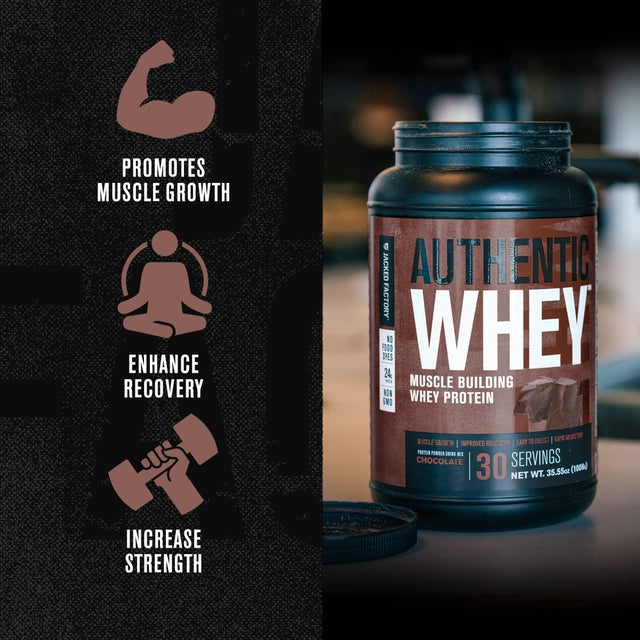 Jacked Factory Authentic Whey Muscle Building Whey Protein Powder - Low Carb, Non-Gmo, No Fillers, Mixes Perfectly - Chocolate Flavor