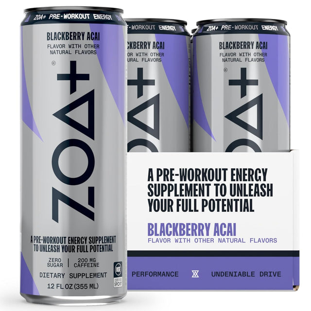 ZOA plus Sugar-Free Pre-Workout Drink, Ready to Drink with Nitric Oxide, Vitamin B, C and D, 200Mg Natural Clean Caffeine, Blackberry Acai 12 Fl Oz, Pack of 12