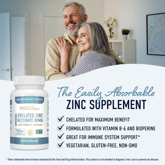 Smnutrition Zinc Supplement 30 Mg | Chelated Zinc 30Mg for Colds | Highly-Absorbable Zinc Pills for Immune System & Skin Health, 120Ct