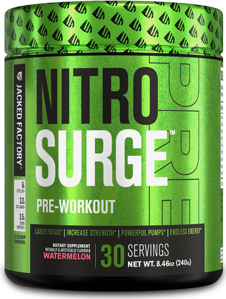 Jacked Factory NITROSURGE Pre Workout Supplement - Endless Energy, Instant Strength Gains, Clear Focus and Intense Pumps - NO Booster & Powerful Preworkout Energy Powder - 30 Servings, Watermelon