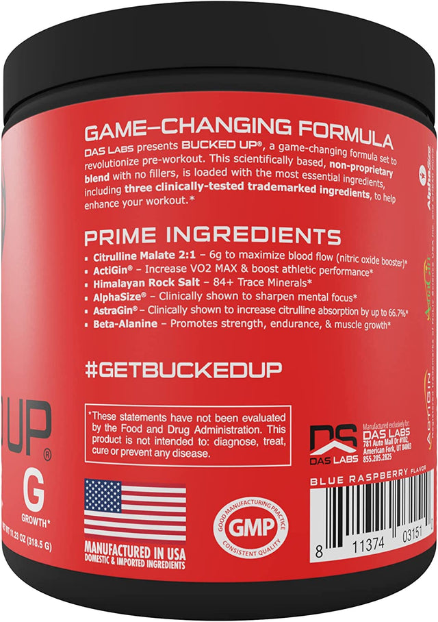 Bucked up Pre Workout 6 Grams Citrulline, 2 Grams Beta Alanine, and 3 Other Registered Trademarked Ingredients (Blue Raz)