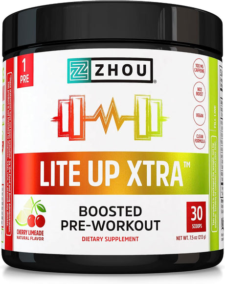 Zhou Nutrition Lite up Xtra, Vegan Pre Workout Powder with Caffeine, Clean Energy Sourced from Green Tea, Nitric Oxide Booster, Gluten and Sugar Free, Non GMO, Cherry Limeade, 7.5 Oz