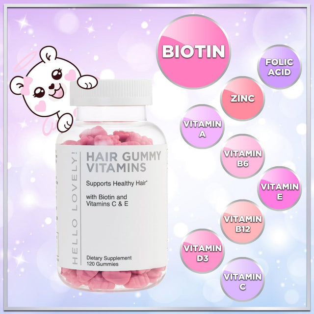 Hello Lovely! Hair Vitamins Gummies with Biotin 5000 Mcg Vitamin E & C Support Hair Growth, Premium Vegetarian Non-Gmo, for Stronger Beautiful Hair & Nails Supplement - 120 Gummy Bears