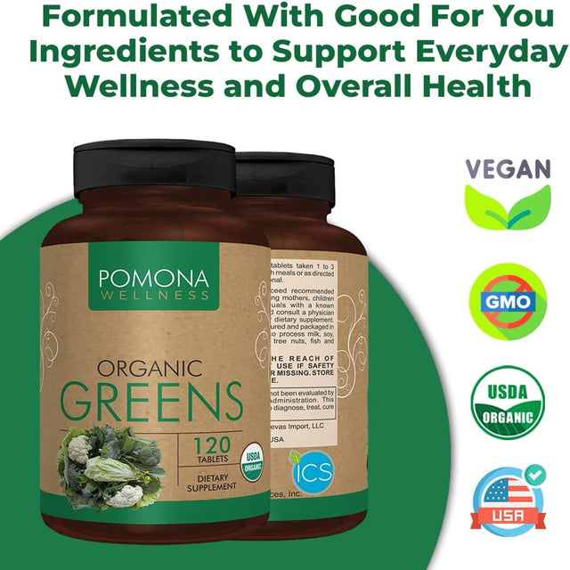 Pomona Wellness Super Greens Supplement, Full of Superfood Vitamins & Minerals, Fruits & Vegetable, Greens Powder for Bloating and Digestion, Gut Health, USDA Organic, Non-Gmo, 120 Tablets 120 Count(Pack of 1)