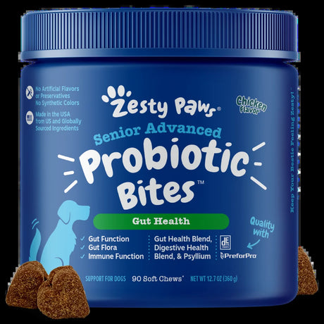 Zesty Paws Gut Health Senior Advanced Probiotic Bites for Senior Dogs, Gut Flora & Immune Support, Functional Digestive Health Dog Supplement, Chicken Flavor, 90 Count Soft Chews