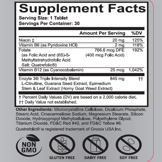 Enzyte3® Triple Intensity Male Enhancement with Energy & Endurance. Formulated with L-Citrulline, Guarana Seed Extract, Horny Goat Weed. Niacin, Vitamin B6, Folate and Vitamin B12. 30 Day Supply