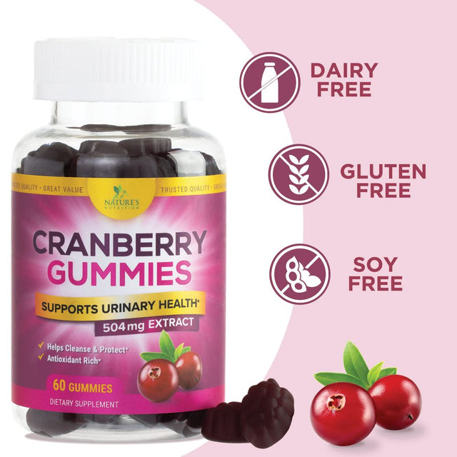 Nature'S Nutrition Cranberry Urinary Tract Health Gummies + Vitamin C - 25,000Mg - Triple Strength Cranberry Concentrate Extract Supplement Pills, Ultimate Potency, Non-Gmo, Gluten Free - 60 Gummies