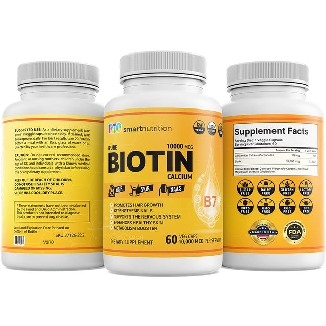 Biotin Pure & Calcium Supplement, 60 Vegan Capsules, for Hair, Skin, Nails, Bones, and Teeth by Rio