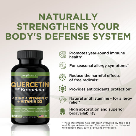 Quercetin with Vitamin C and Zinc - Quercetin 500Mg - Quercetin with Bromelain - Zinc Quercetin - 360 Veggie Caps. Daily Supplement with Vitamin D3 (Non-Gmo, Gluten-Free, Vegan) 6 Month Supply