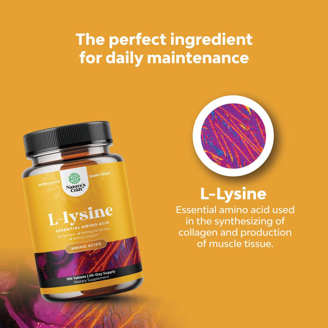 L Lysine 1000Mg per Serving Nutritional Supplements - Essential Amino Acids for Eye Health Lip Care Bone Support Immune System Support Muscle Growth and Vegetarian Collagen Production - 100 Tablets