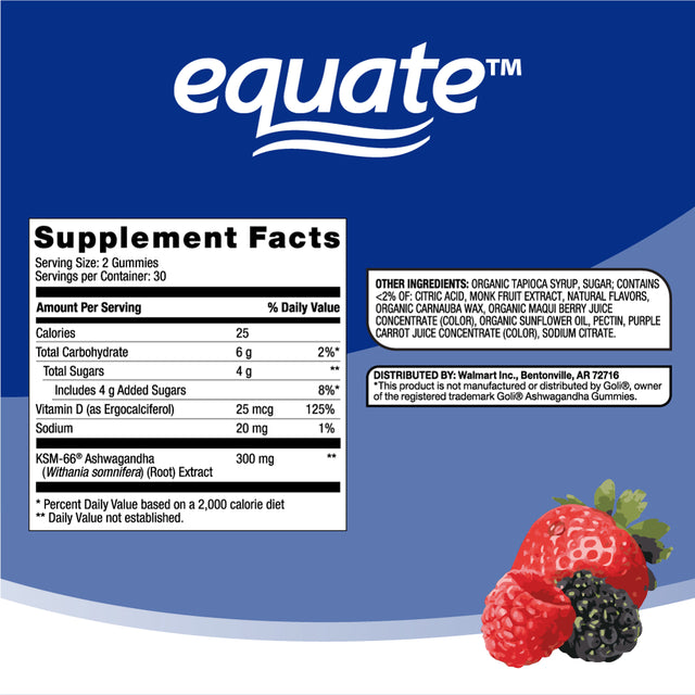 Equate Ashwagandha Non GMO Dietary Supplement Gummies, Mixed Berry, 60 Count