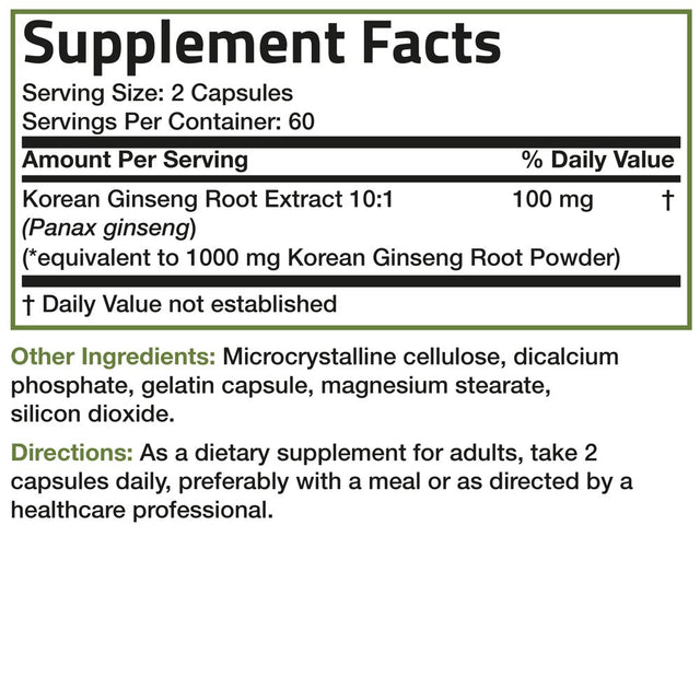 Bronson Korean Panax Ginseng 1000 Mg Supports Energy, Endurance & Vitality + Memory and Mental Performance, 120 Capsules