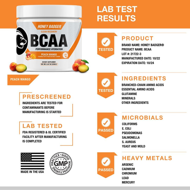 Honey Badger BCAA + EAA Amino Acids Electrolytes Powder, Bcaas + L-Glutamine, Keto, Vegan, Sugar Free for Men & Women, Hydration & Post Workout Muscle Recovery Drink Mix, Peach Mango, 30 Servings