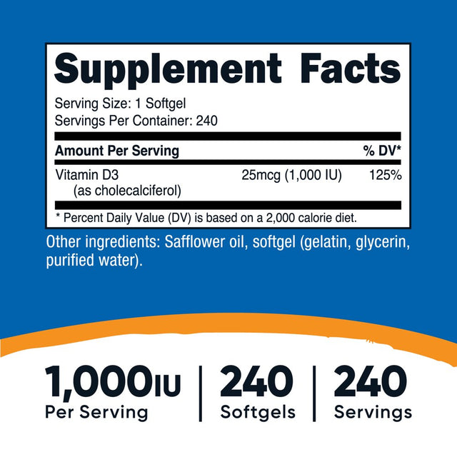 Nutricost Vitamin D3 1000Iu Softgels, 240 Softgels, Non-Gmo & Gluten Free Supplement