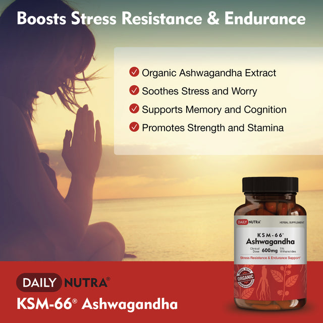 KSM-66 Ashwagandha by Dailynutra - 600Mg Organic Root Extract - High Potency Supplement with 5% Withanolides | Stress Relief, Increased Energy and Focus (60 Capsules)