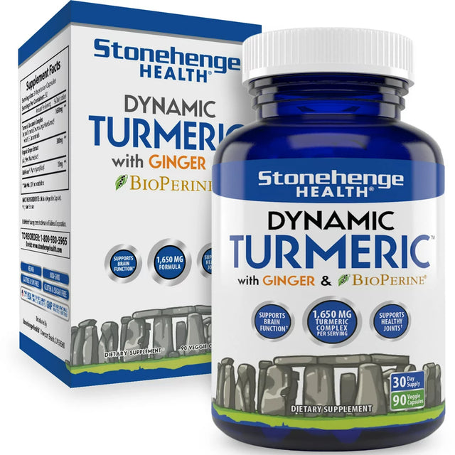 Stonehenge Health Dynamic Turmeric Curcumin Ginger Highest Potency Available. 1,650 Mg Turmeric with 95% Curcuminoids & Bioperine®. Supports Joint Health, 90 Vegetarian Capsules (1 Pack)