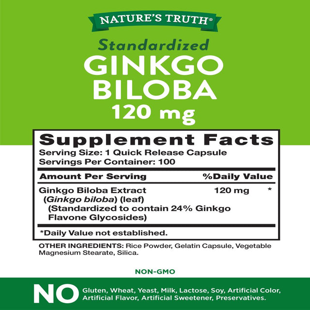 Ginkgo Biloba 120Mg | 100 Capsules | plus Bacopa Monnieri | Standardized Extract | Non-Gmo, Gluten Free | by Nature'S Truth