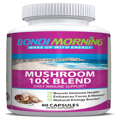 Bondi Morning Mushroom 10X Blend - Immune Support Supplement for Brain Health & Natural Energy Boost - 60 Capsules