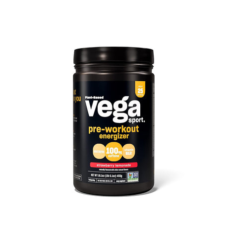 Vega Sport Pre-Workout Energizer, Strawberry Lemonade - Pre Workout Powder for Women & Men, Supports Energy and Focus, Electrolytes, Vegan, Keto, Gluten Free, Non GMO, 1.1 Lbs