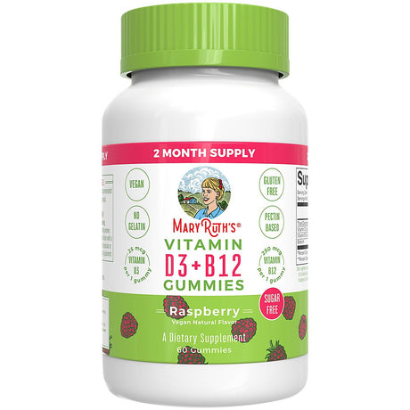 Maryruth Organics | Vitamin D3 + B12 Gummies | Bone Health & Immune Support | Sugar Free, Vegan | Raspberry (60 Gummies)