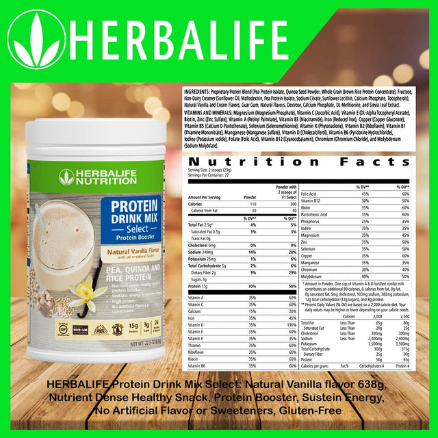 Herbalife Protein Drink Mix Select: Natural Vanilla Flavor 638G, Nutrient Dense Healthy Snack, Protein Booster, Sustein Energy, No Artificial Flavor or Sweeteners, Gluten-Free