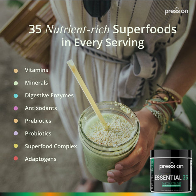 Daily Essential 35 Superfood by Press on Super Greens Powder Detox, Energy, Immune, Antioxidants, Digestive Enzymes & Probiotics, Original, 30 Servings