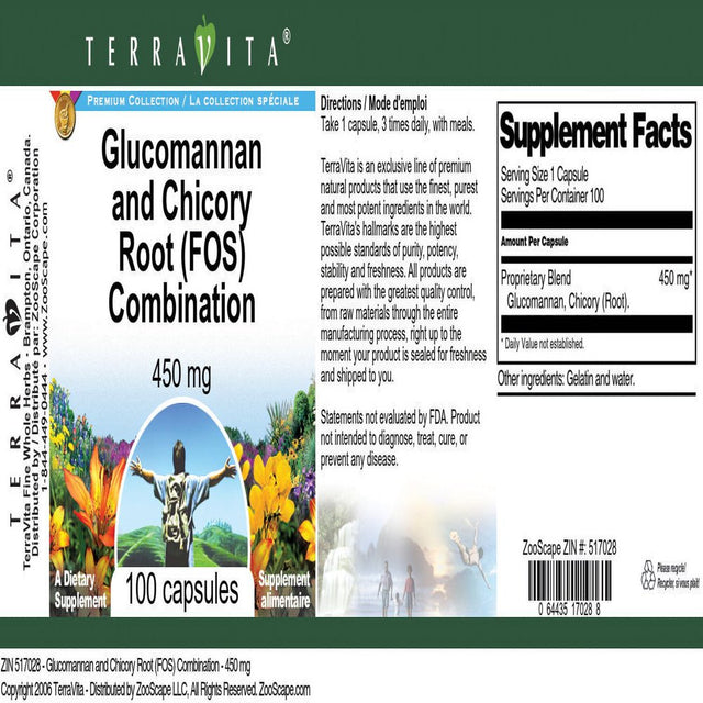 Terravita Glucomannan and Chicory Root (FOS) Combination - 450 Mg, (100 Capsules, 1-Pack, Zin: 517028)