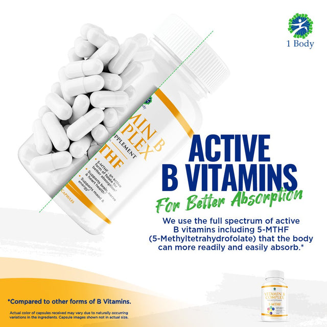 1 Body Vitamin B Complex Supplement 5-MTHF Folate with B1, B2, B5, B6, Methyl B12, Niacin, Biotin