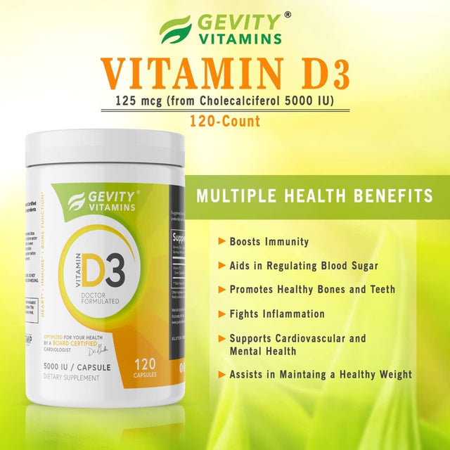 Gevity Vitamin D3 5000 IU 120 Capsules Dietary Supplements for Strong Bones Promotes Immunity