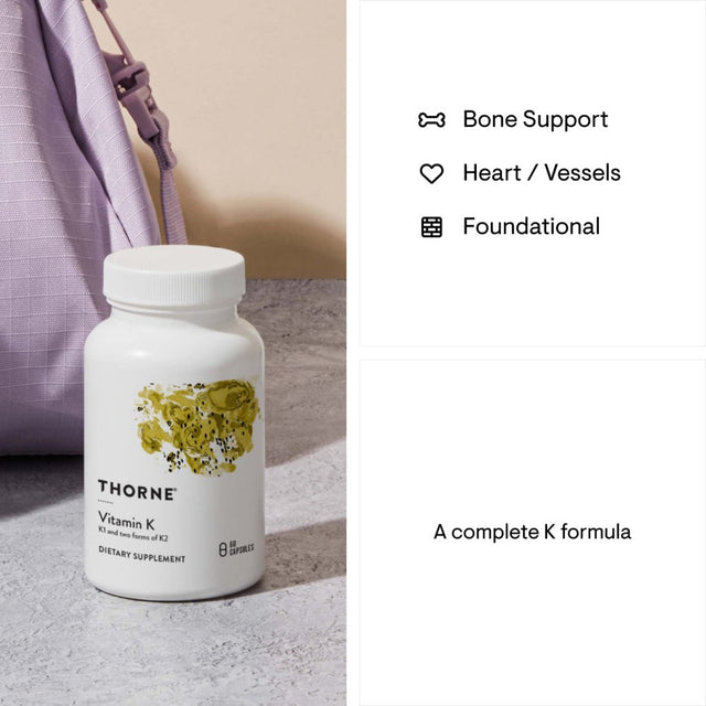 Thorne Vitamin K (Formerly 3-K Complete), Vitamins K1 and K2 (As MK-4 and MK-7), Supports Strong Bones, 60 Capsules