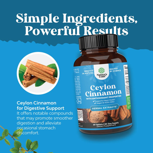 Nature’S Craft Ceylon Cinnamon Supplement 1000Mg per Serving - Organic Ceylon Cinnamon Powder Memory Supplement for Brain Support - 60Ct Tablets