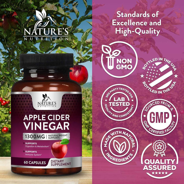 Apple Cider Vinegar Capsules for Detox and Cleanse, Digestion, and Immune Support, - 1300 Mg per Serving Premium ACV Pills - Gluten Free, Keto Friendly, Non-Gmo Supplement - 60 Capsules