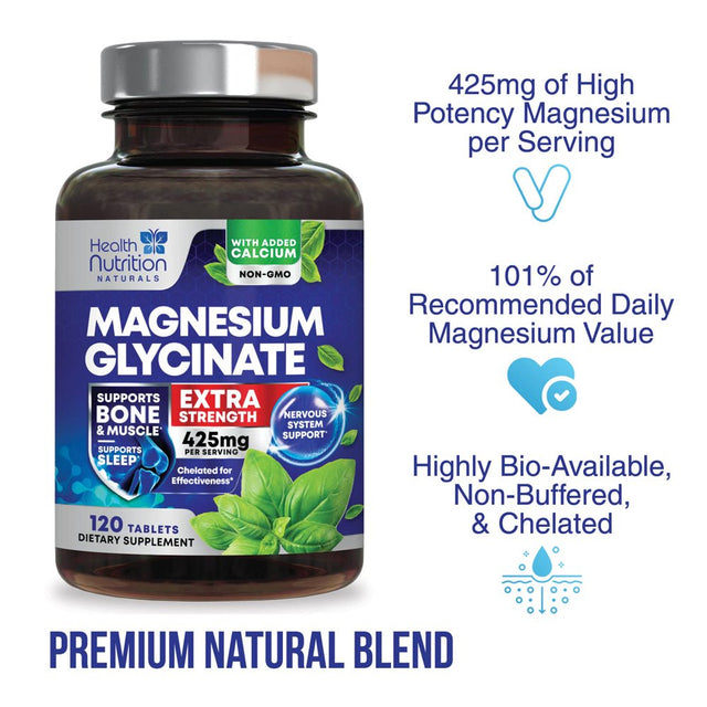 Magnesium Glycinate 425 Mg with Calcium - Natural, High Absorption Magnesium Tablets Chelated for Muscle, Nerve, Bone & Heart Health Support - Non-Gmo, Gluten Free, Vegan Supplement - 120 Tablets