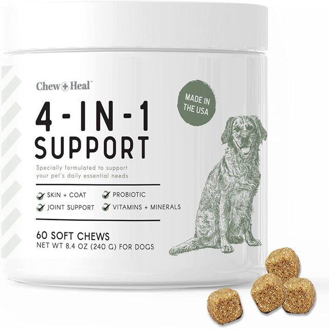 Chew + Heal All in 1 Dog Vitamin - 60 Soft Chew Treats for Dogs - Chewable Multivitamin with Probiotics, Digestive Enzymes, for Skin, Hip and Joint Support - with Omega, Calcium - Made in the USA