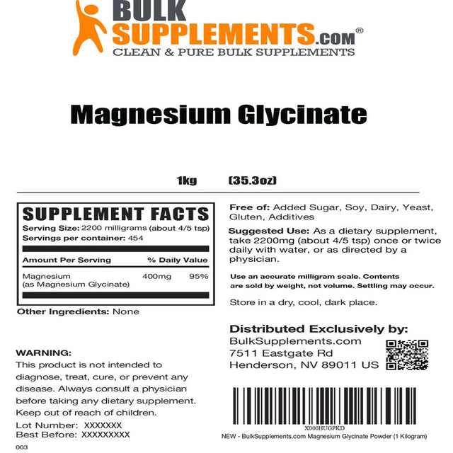 Bulksupplements.Com Magnesium Glycinate Powder, 2200Mg - Magnesium Supplement (5Kg - 1816 Servings)