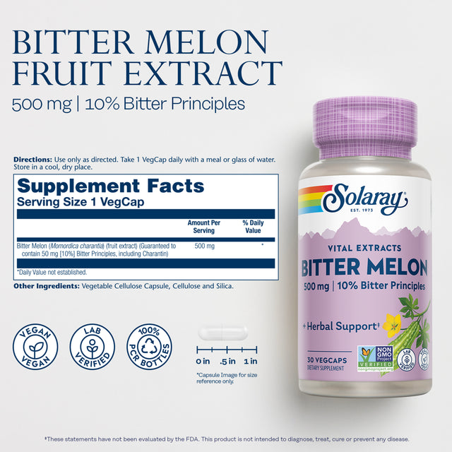 Solaray Vital Extracts Bitter Melon - 30 Vegcaps - 500 Mg - 10% Bitter Principles - Vegan - 30 Servings