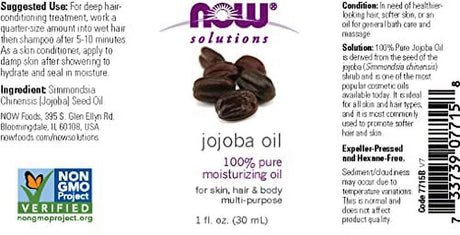 NOW Solutions, Jojoba Oil, 100% Pure Moisturizing, Multi-Purpose Oil for Face, Hair and Body, 1-Ounce