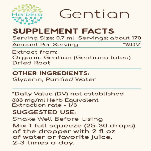 Gentian Alcohol-Free Herbal Extract Tincture, Super-Concentrated Responsibly Farmed Organic Gentian (Gentiana Lutea) Dried Root 4 Oz