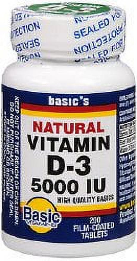 Basic Vitamins Film Coated Vitamin D3 Tablets, 5000 IU, 200 Count