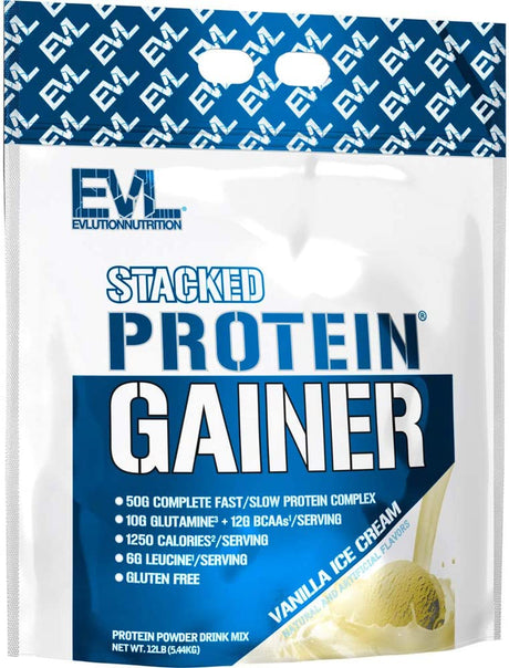 Evlution Nutrition Stacked Protein Gainer, Whey Protein Powder Complex, 50 Grams Protein, 250 Grams Carbohydrates, Build Muscle, Recovery, Post Workout, Gluten-Free (Vanilla Ice Cream, 12 LB)