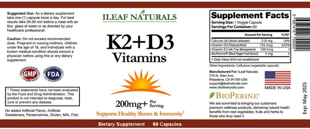 Ileaf Naturals K2 + D3 Vitamins Supplement with Bioperine® Black Pepper - 60 Veggie Capsules