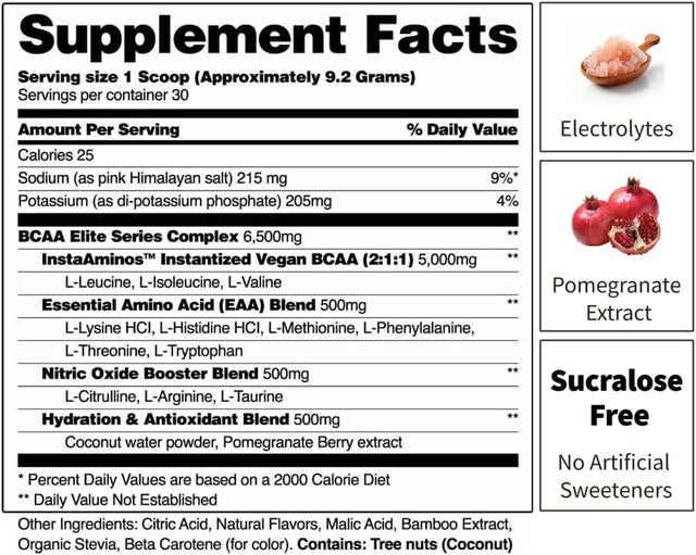 Snap Supplements Plant-Based BCAA Powder with Nitric Oxide Booster, No Artificial Flavors, Support Muscle Strength and Recovery, 30 Servings, Peach Mango