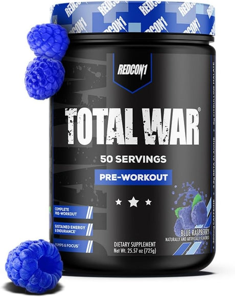 REDCON1 Total War Pre Workout Powder, Blue Raspberry - Beta Alanine + Citrulline Malate Keto Friendly Preworkout for Men & Women with 320Mg of Caffeine - Fast Acting (30 Servings)